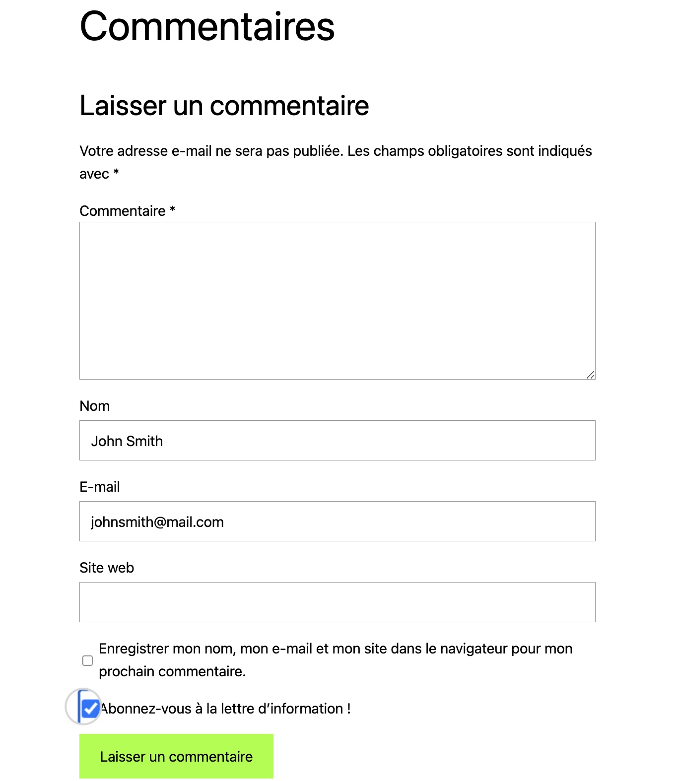 Une case à cocher pour vous inscrire à la newsletter dans la section des commentaires de WordPress