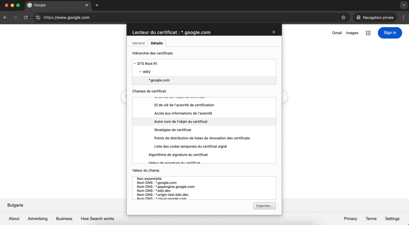 Capture d'écran des détails du certificat dans Google Chrome, affichant une liste des champs SSL et plus de détails sur le champ Subject Alternative Name du certificat.