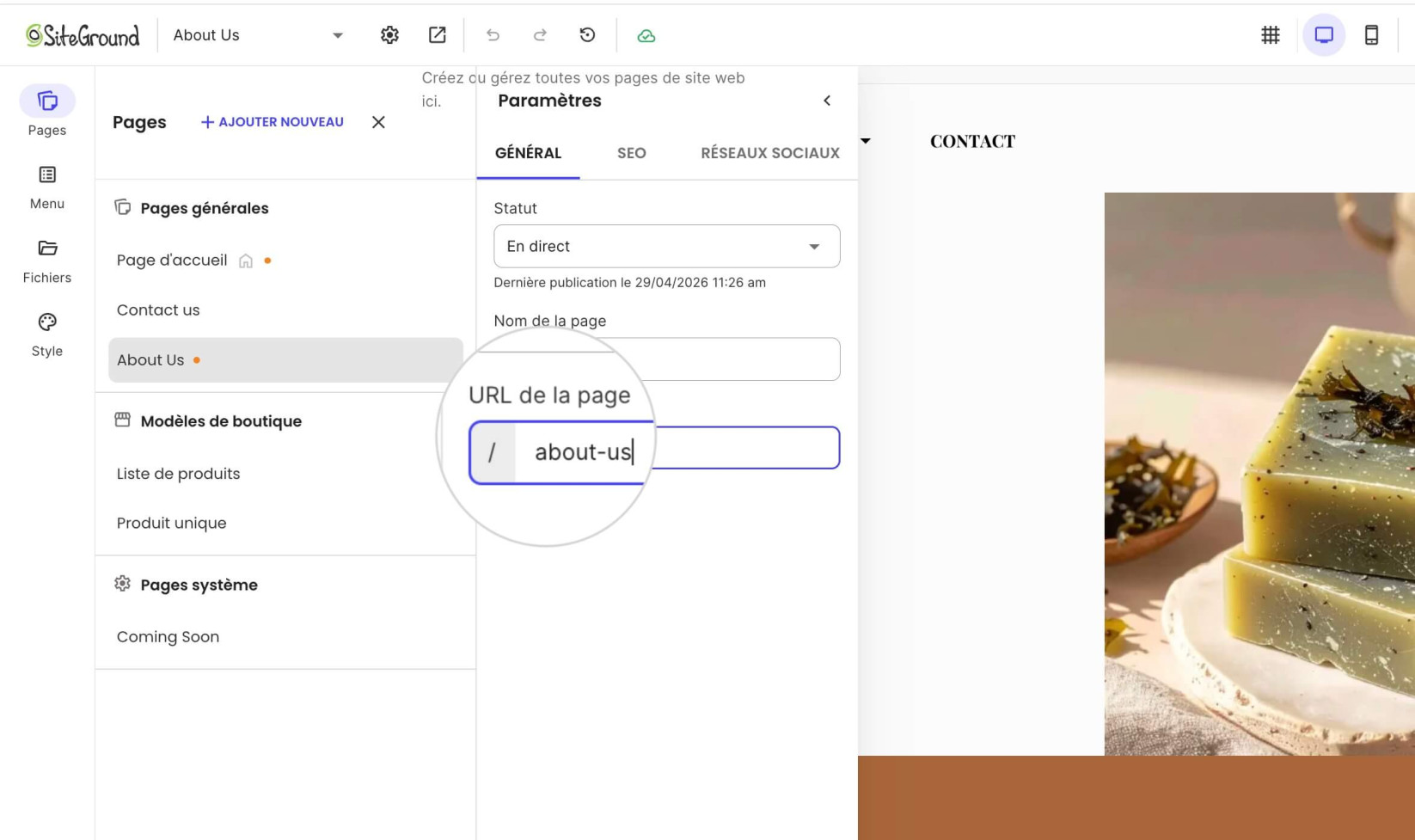 Champ URL de la page d'une page dans Website Builder