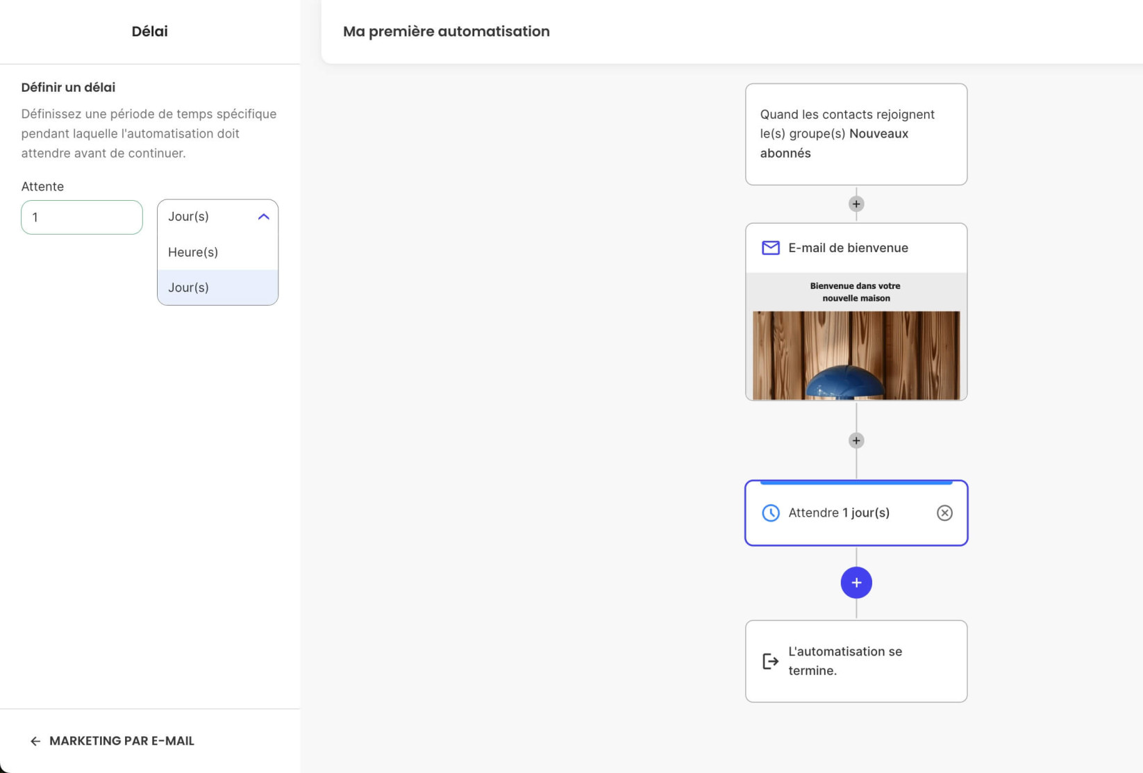 Configuration du délai dans l'automatisation des e-mails 