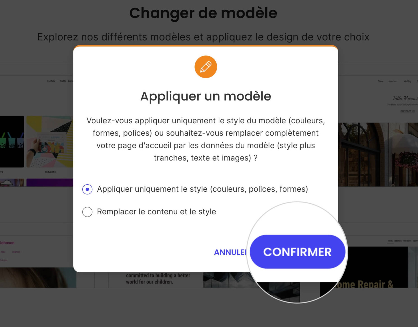Une fenêtre pop-up présentant des options pour changer un modèle dans Website Builder