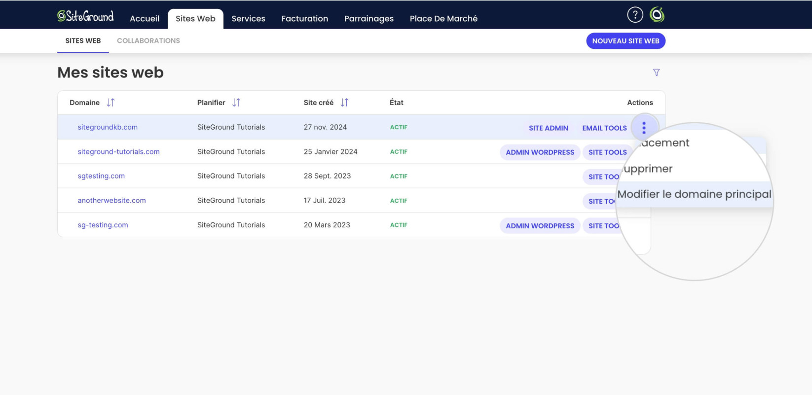 Modifier le domaine principal dans l'Espace Client SiteGround 