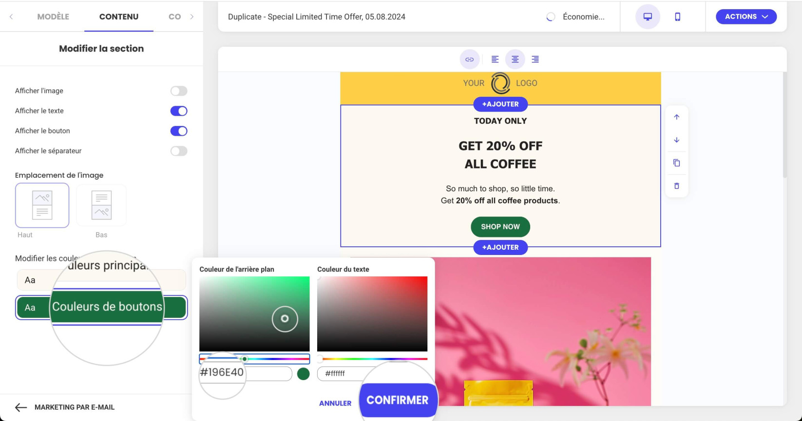 Modification de la couleur des boutons d'une section dans le Marketing par e-mail