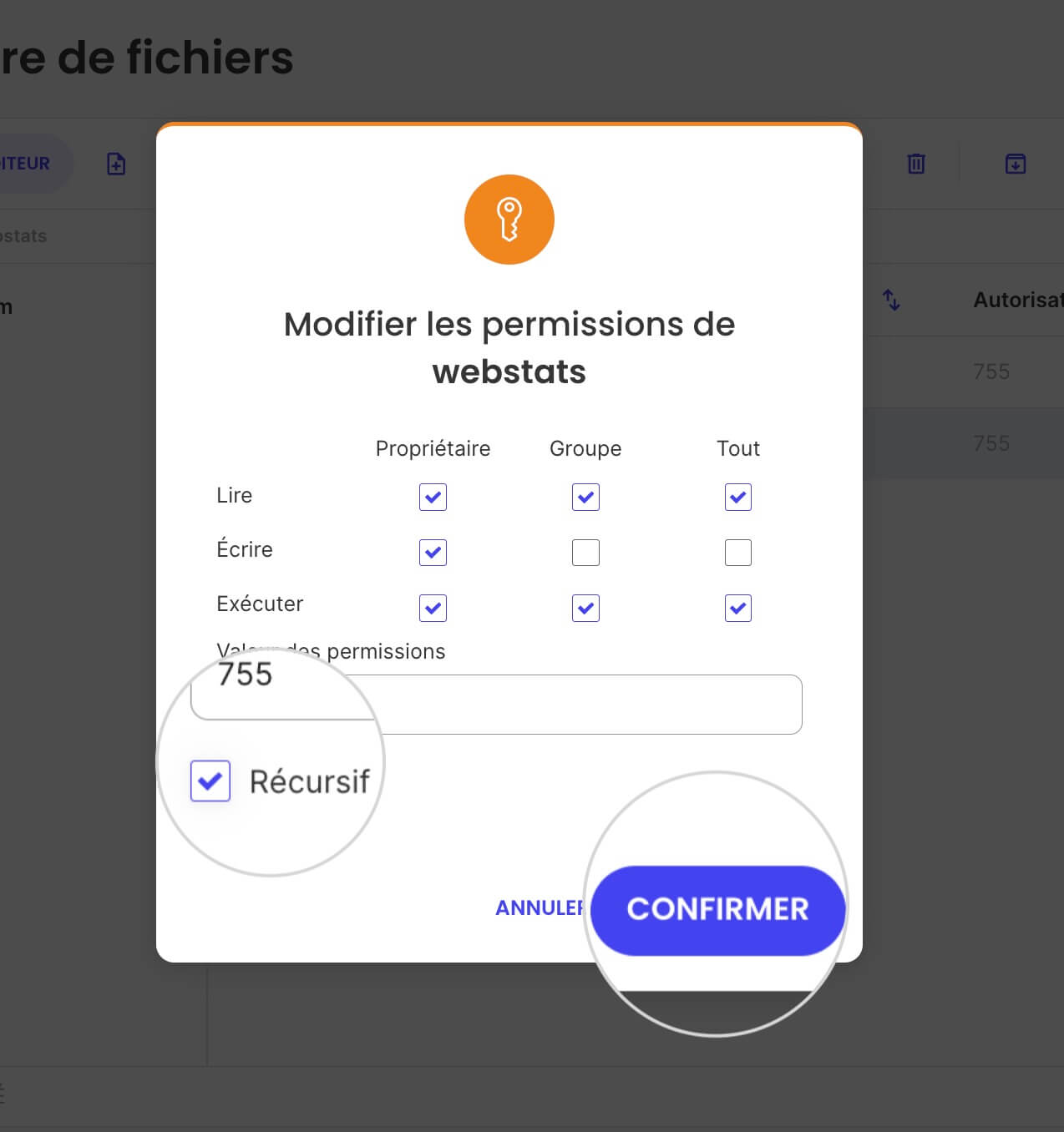 Fenêtre pop-up Modifier les Permissions pour définir récursivement les permissions des fichiers/dossiers