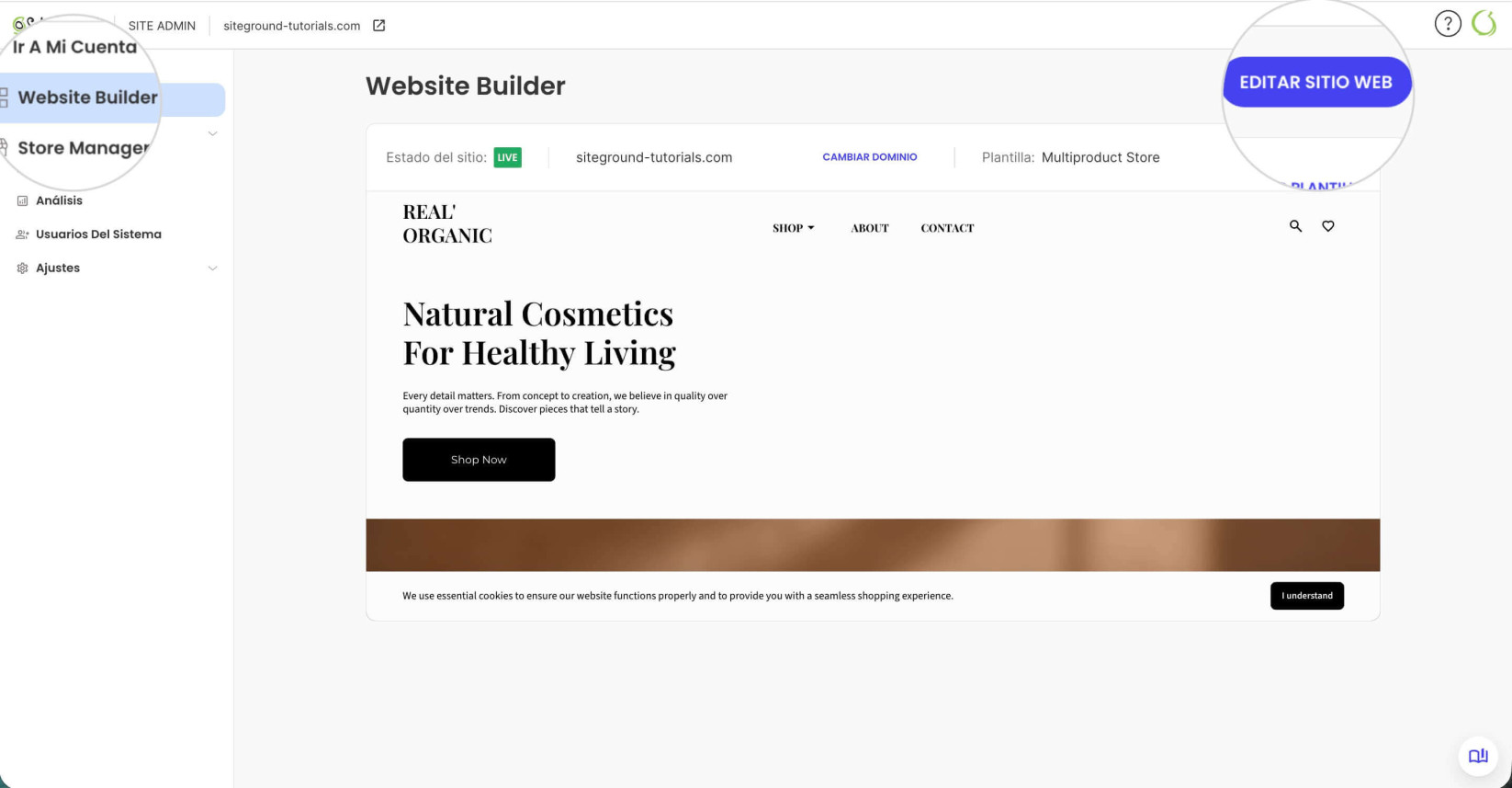 Bouton Éditer le site web dans Site Admin pour accéder à l'éditeur visuel du Website Builder