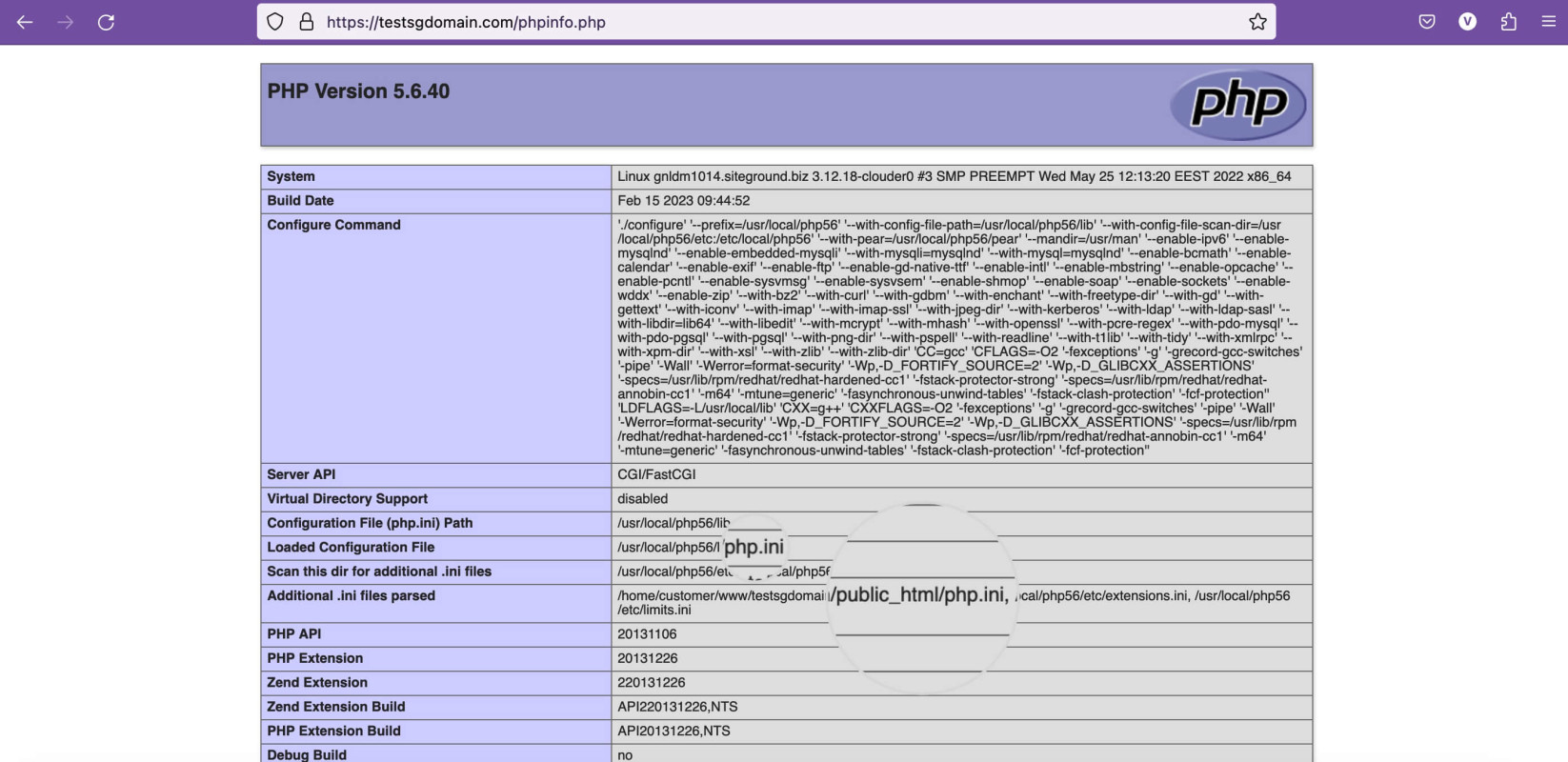 Capture d'écran montrant comment trouver le chemin d'accès au fichier phpinfo