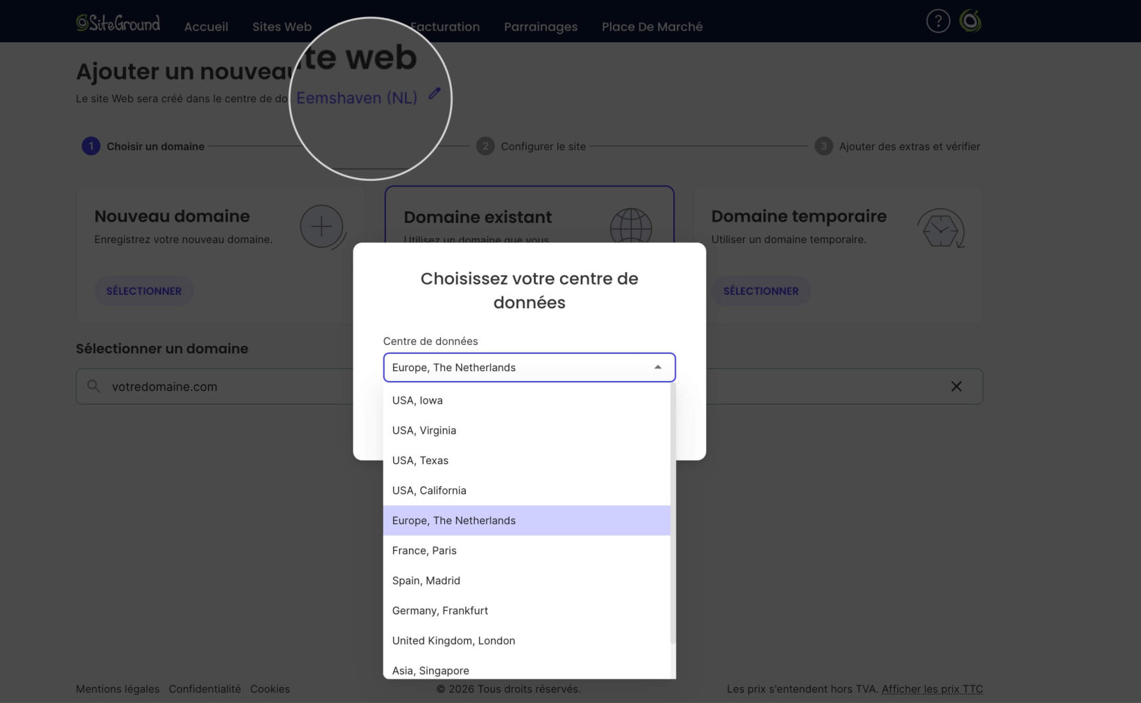 Un menu déroulant pour sélectionner un datacenter pour un nouveau site web