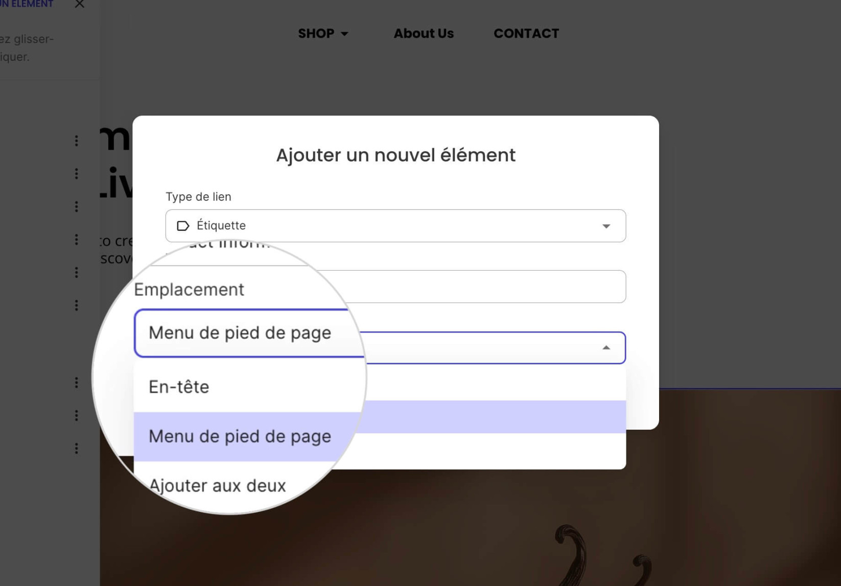 Une fenêtre contextuelle pour ajouter un libellé aux menus de navigation avec l'emplacement Liens du pied de page sélectionné