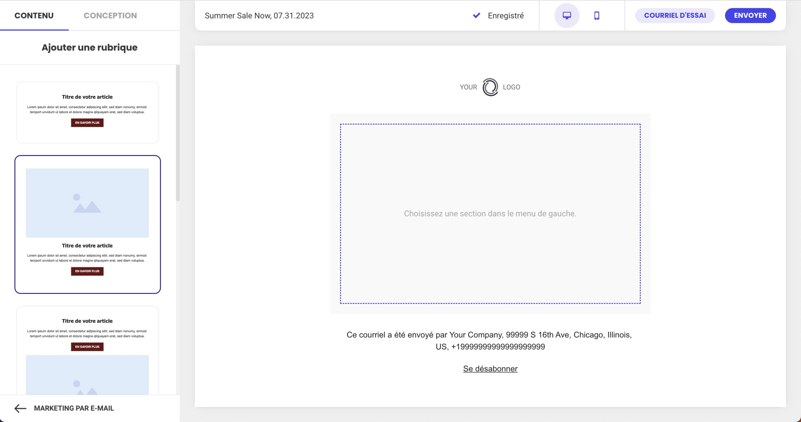 Capture d’écran Vous verrez comment sélectionner une mise en page pour votre section