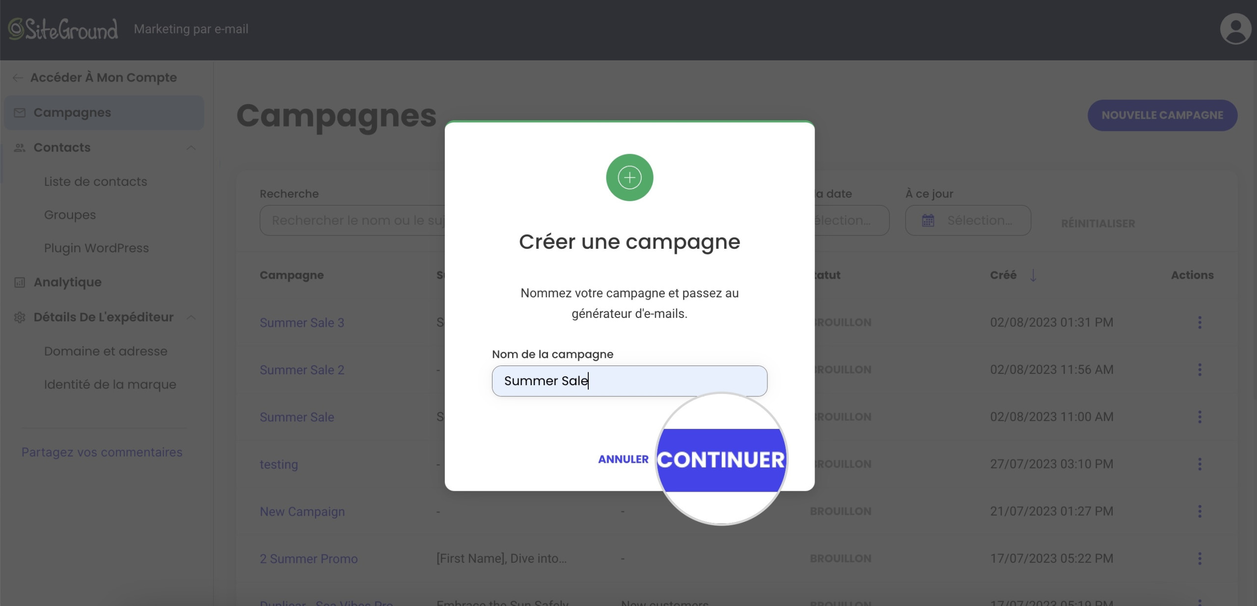 Capture d'écran de Comment choisir un nom pour une nouvelle campagne dans Email Marketing