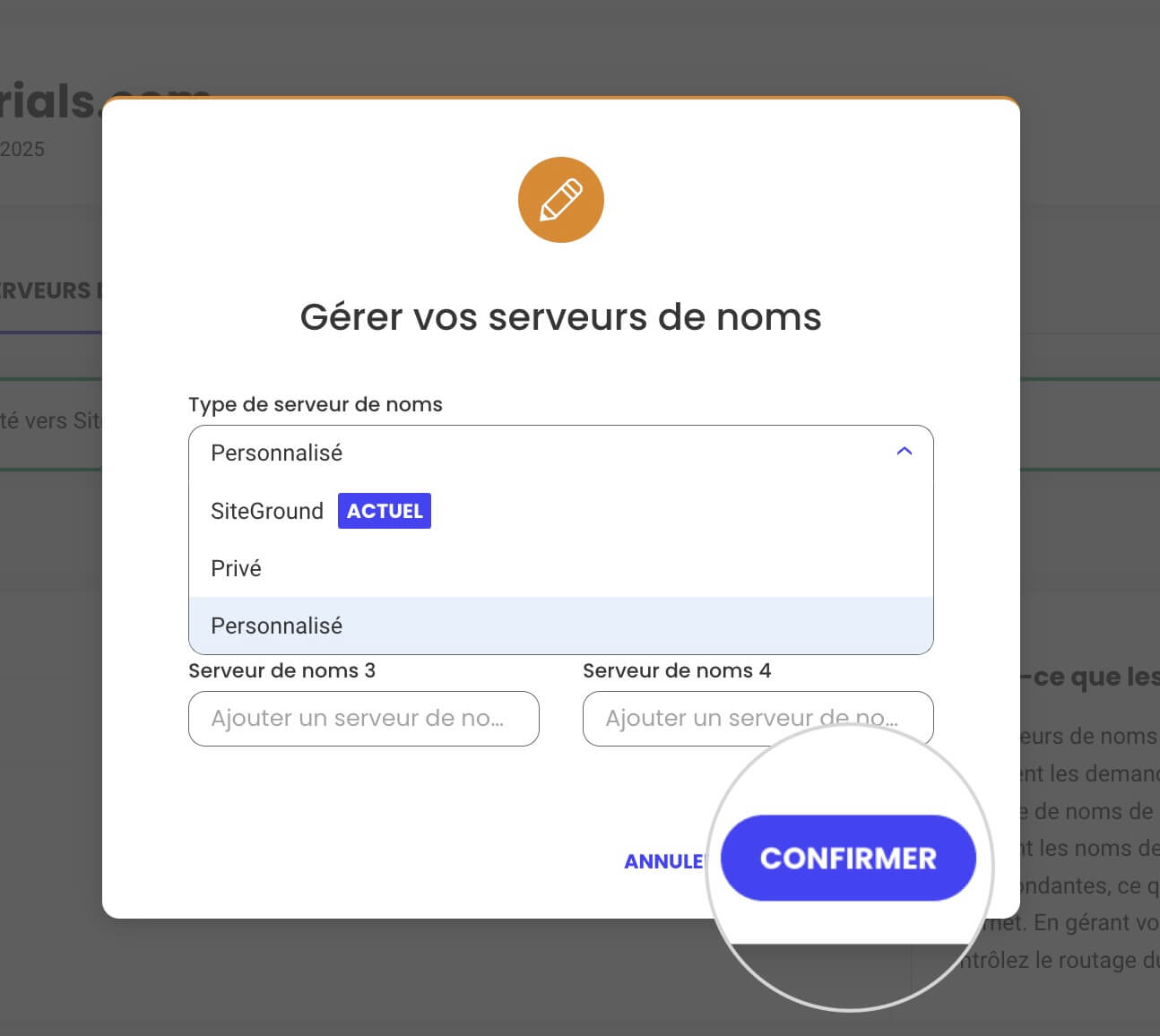 Types de serveurs de noms pour un domaine géré dans SiteGround
