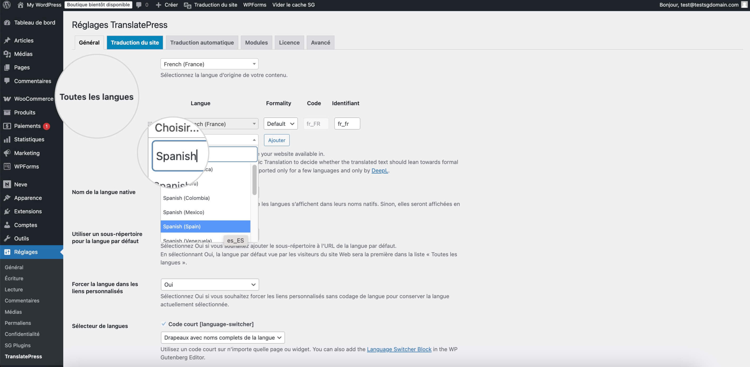 Choix des langues par défaut et supplémentaires dans TranslatePress pour une configuration multilingue WordPress.