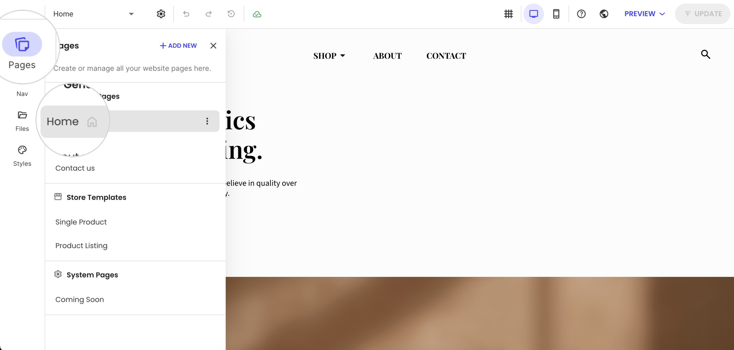 Screenshot of the Pages tab in the SiteGround Website Builder, with a zoomed highlight on the Home page.