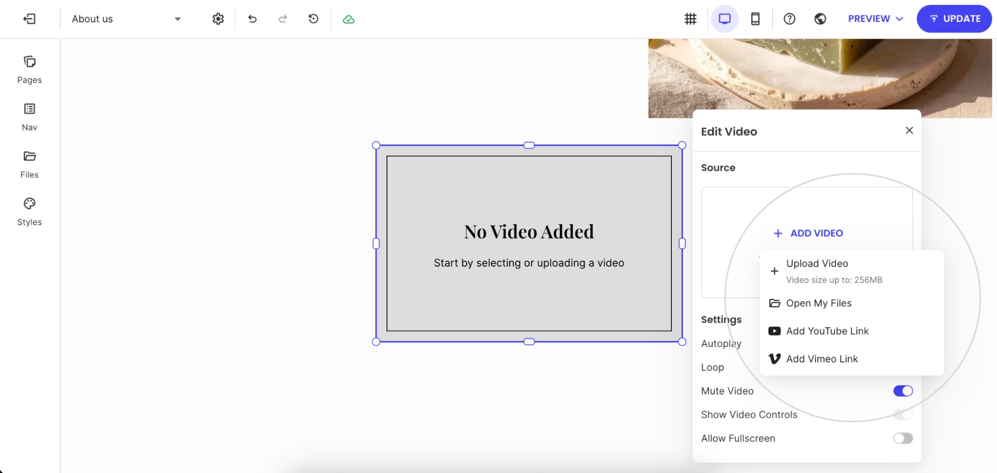 Dropdown menu for selecting a video source, including options to upload a file, choose from files, or add YouTube and Vimeo links