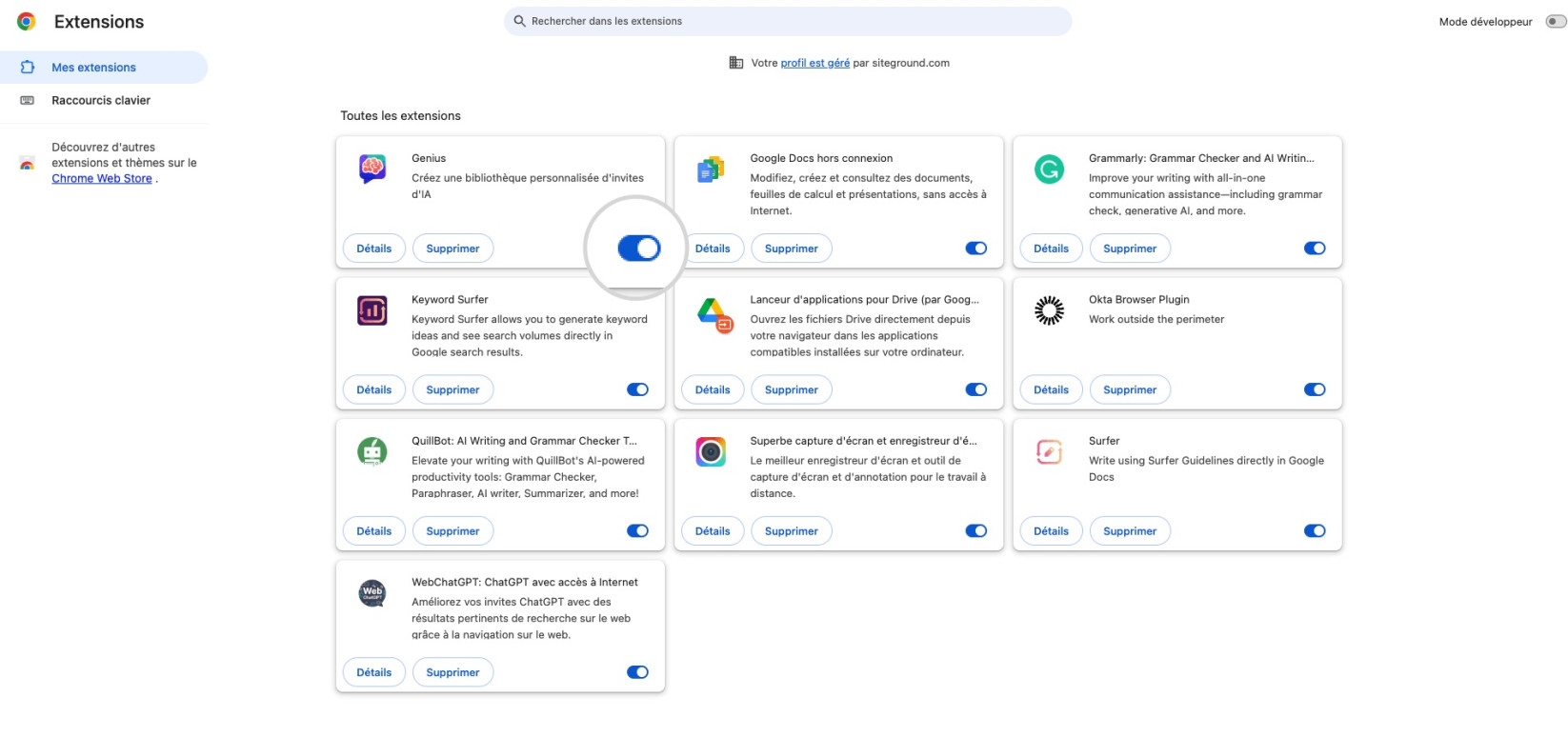 Capture d'écran montrant comment désactiver des extensions Chrome spécifiques