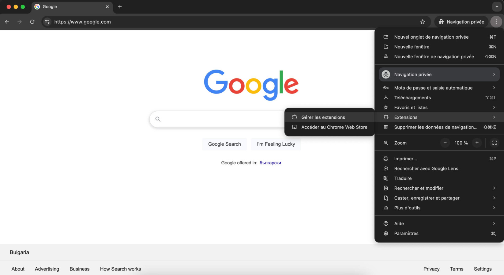 Une capture d'écran du menu des paramètres de Google Chrome et de l'option permettant d'ouvrir la page des extensions.