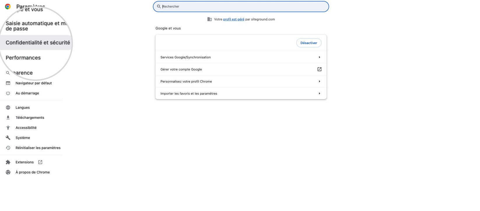 Capture d'écran affichant la section Confidentialité et sécurité de la page Paramètres de Chrome