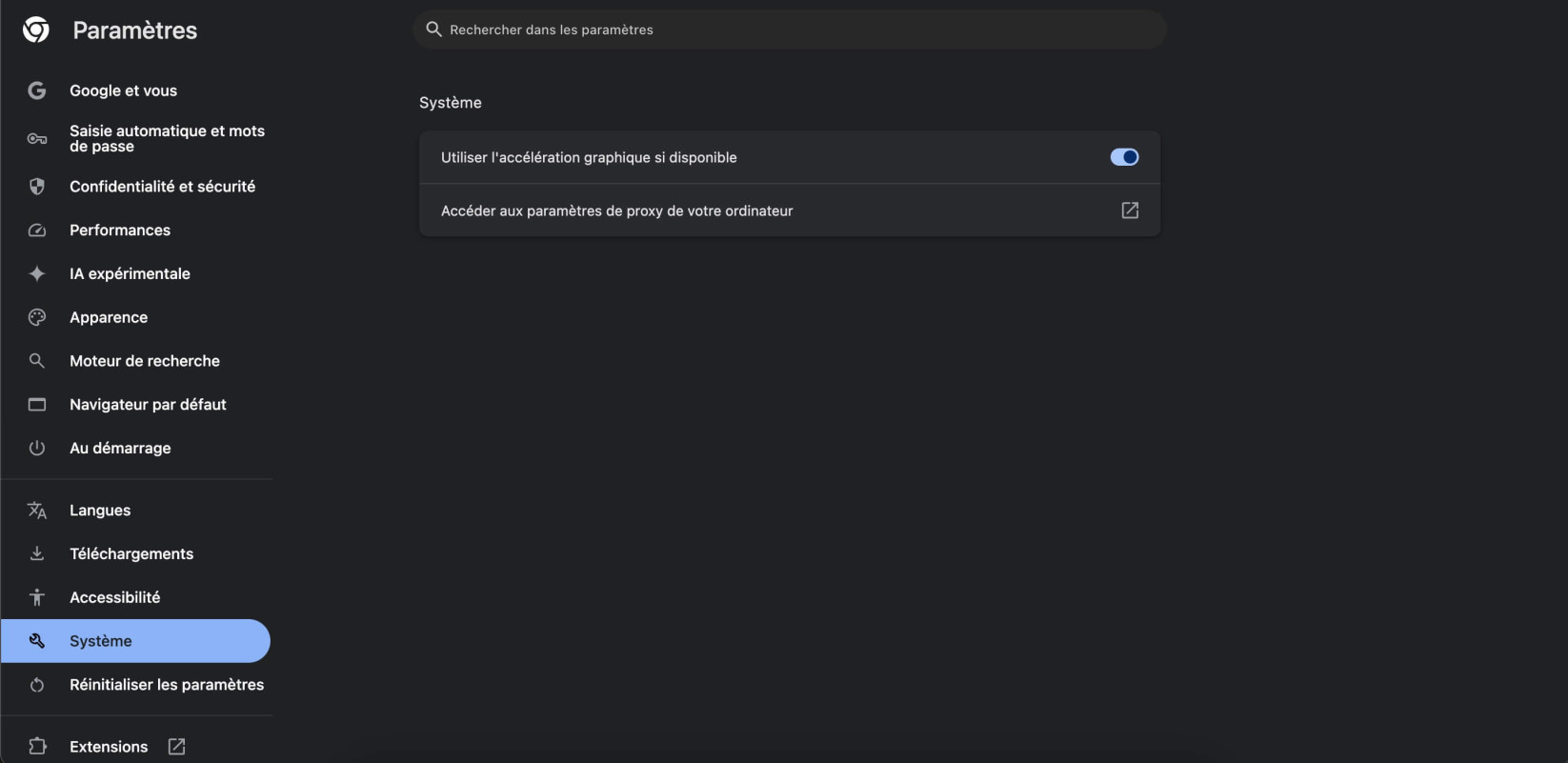 Page des paramètres avancés de Google Chrome, affichant l’option pour ouvrir les paramètres proxy de votre ordinateur.