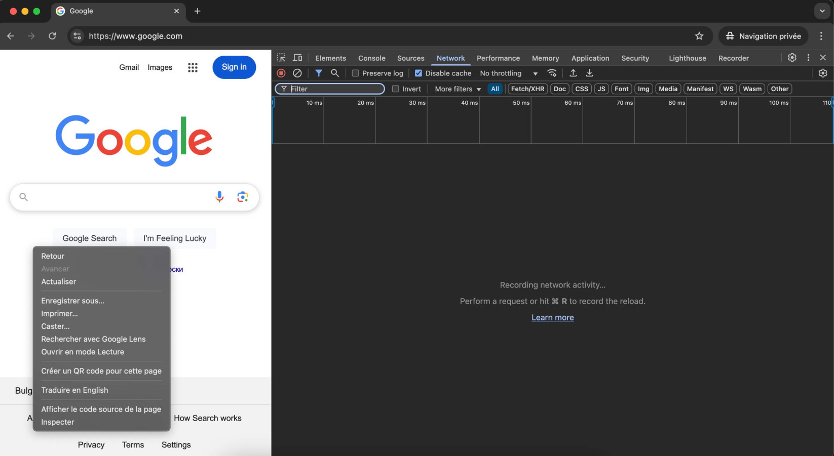 Une capture d'écran des outils de développement de Google Chrome, avec un surlignage sur l'onglet Réseau.