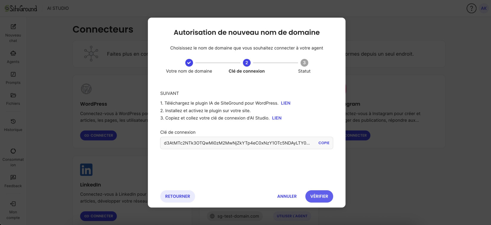 Étape 2 de l’autorisation du domaine dans AI Studio, affichant la clé de connexion à copier pour l’utiliser dans le plugin WordPress.