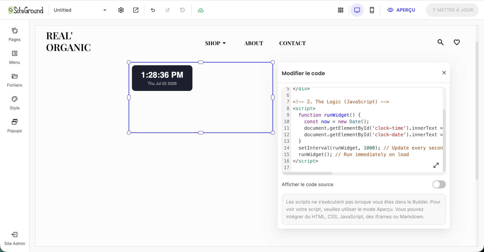 Un composant de code dans Website Builder où vous pouvez voir le code et le design visuel