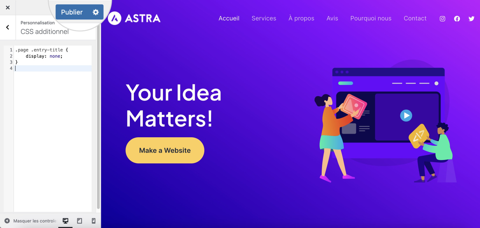 Capture d’écran d’un extrait de code CSS pour masquer les titres de page dans WordPress ajouté à la boîte CSS supplémentaire