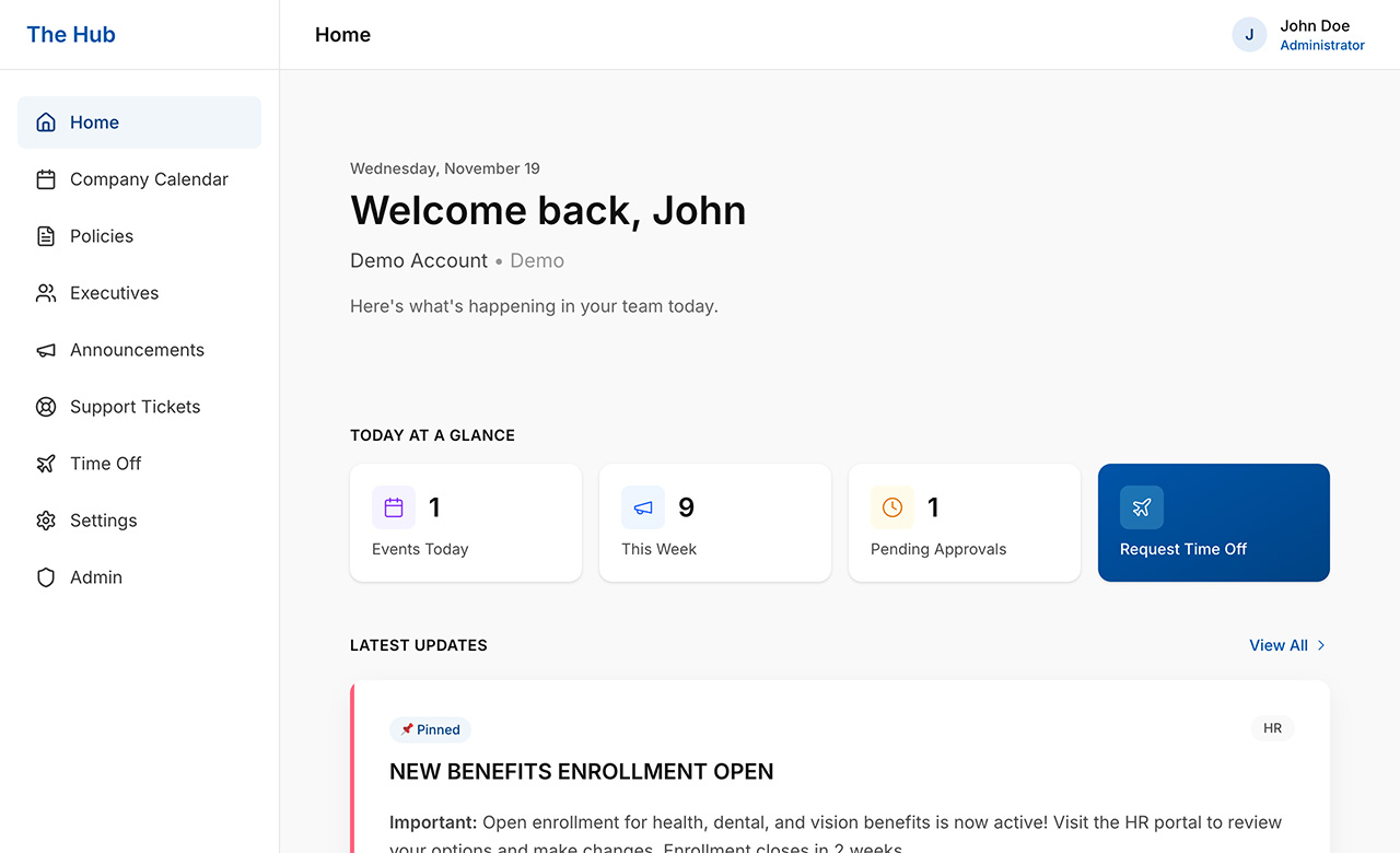 company dashboard - easy to read dashboard with announcements, policies, events, and internal tools