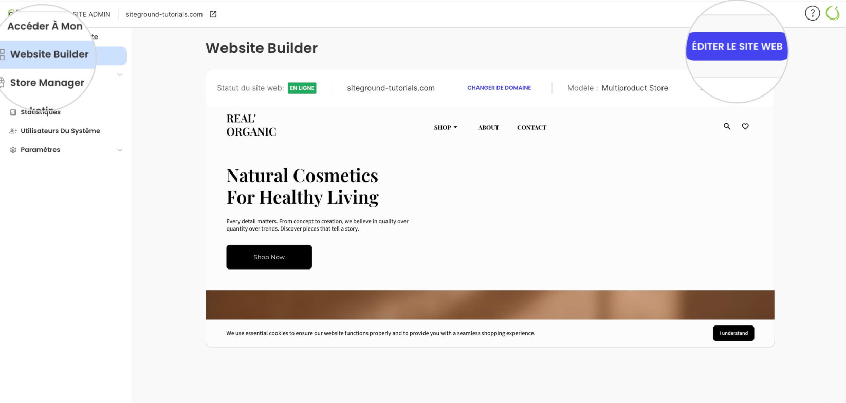 Bouton Éditer le site web pour accéder à l'éditeur visuel de Website Builder