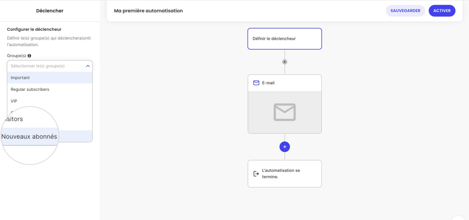 Sélection de groupes de déclencheurs pour l'automatisation des e-mails 
