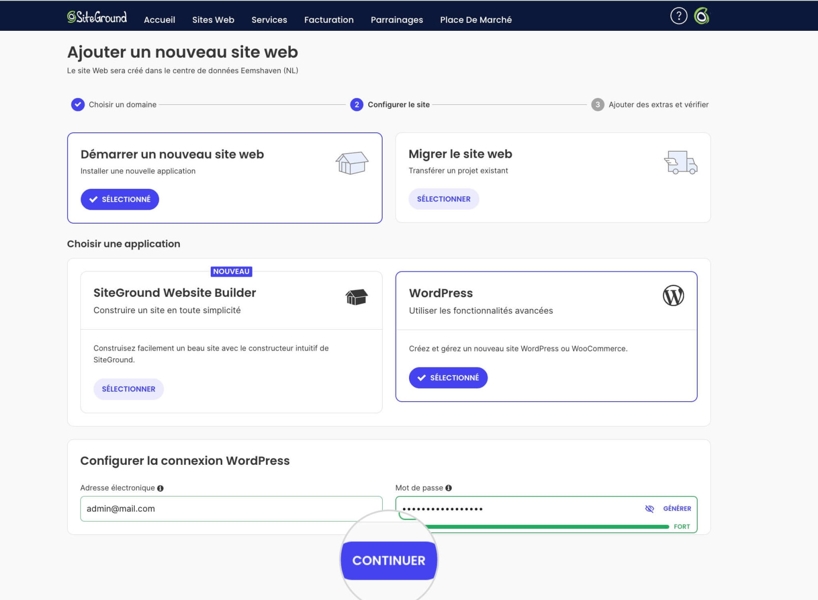 Assistant de configuration de nouveau site web avec une option WordPress sélectionnée affichant la configuration des détails de connexion