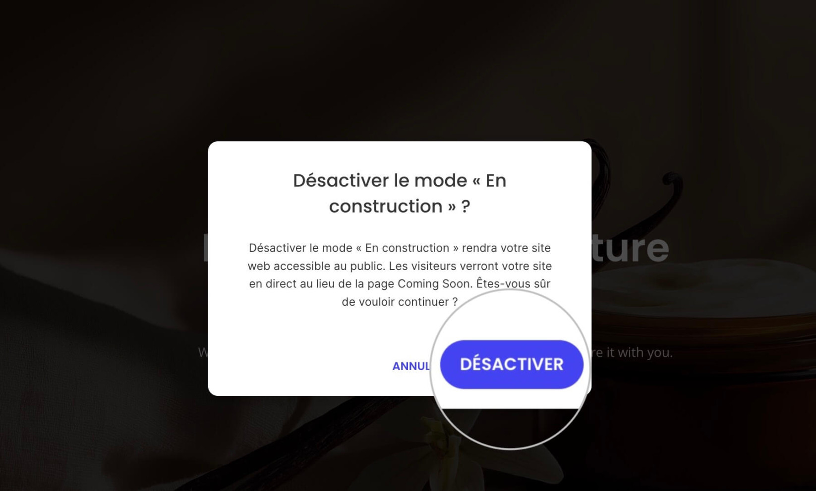 Écran de confirmation pour la désactivation de la page Coming Soon dans Website Builder