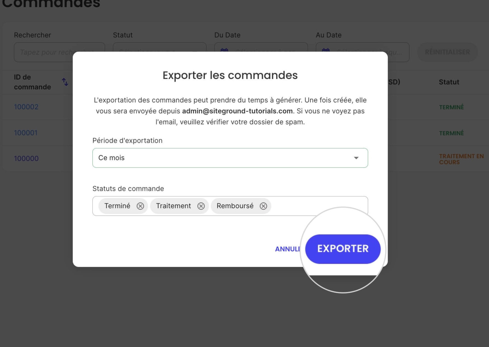 Fenêtre Exporter les commandes avec un bouton Exporter mis en évidence pour confirmer l'exportation