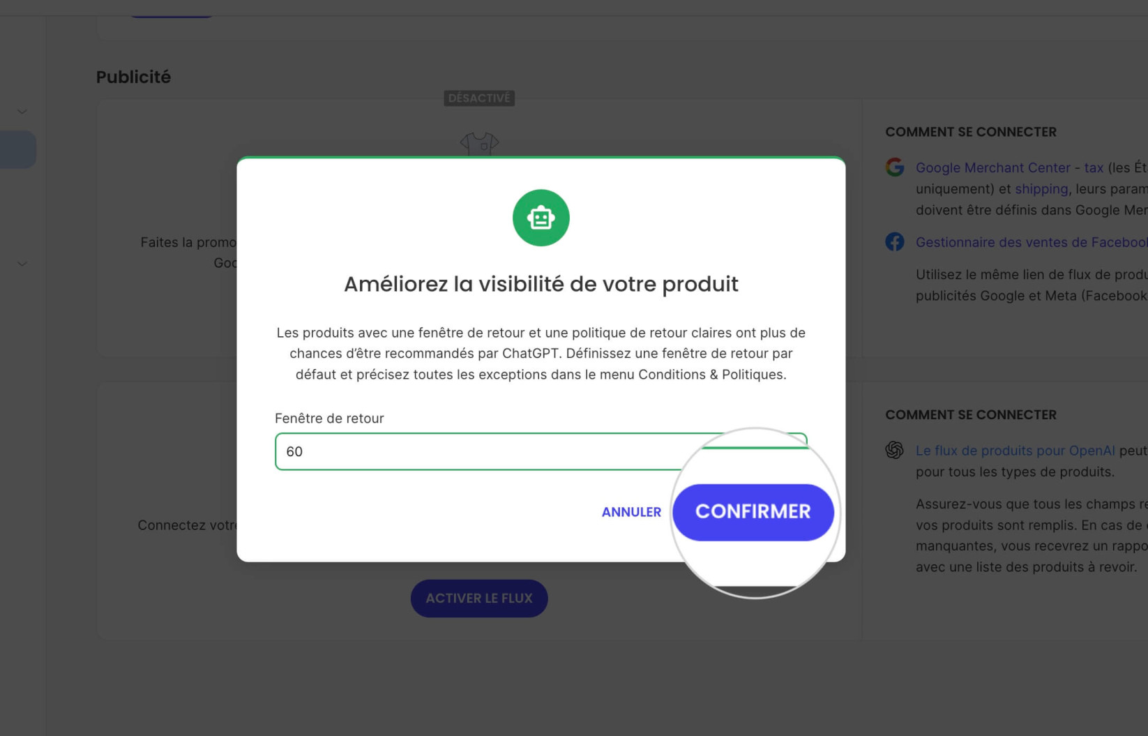 Écran de confirmation pour l'activation du Flux de produits OpenAI avec un bouton Confirmer mis en évidence
