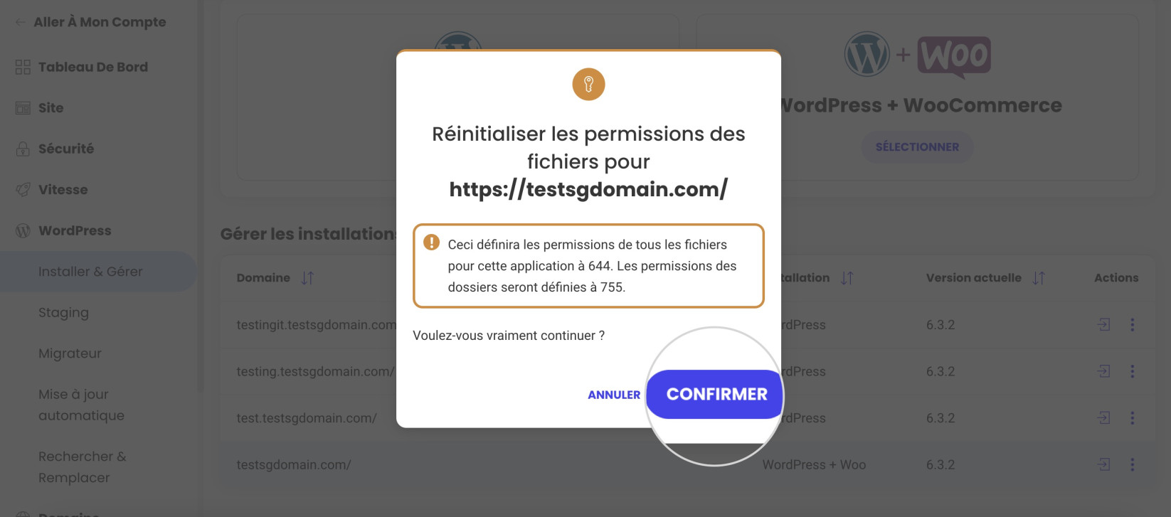 Capture d’écran montrant la fenêtre popup de confirmation de réinitialisation des permissions