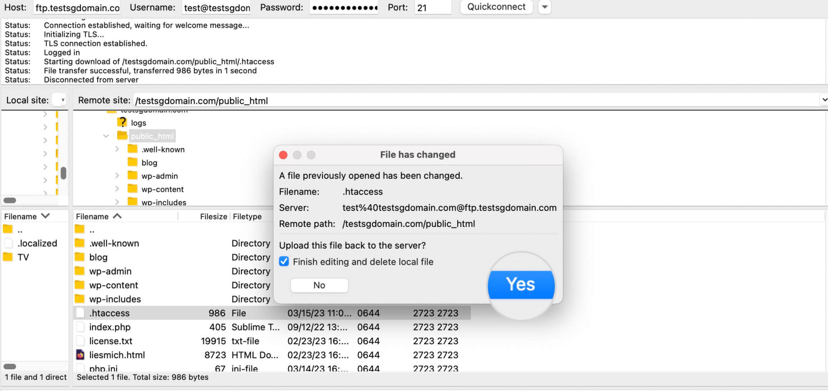 Capture d'écran montrant comment confirmer les changements et envoyer le fichier .htaccess sur le serveur via FTP