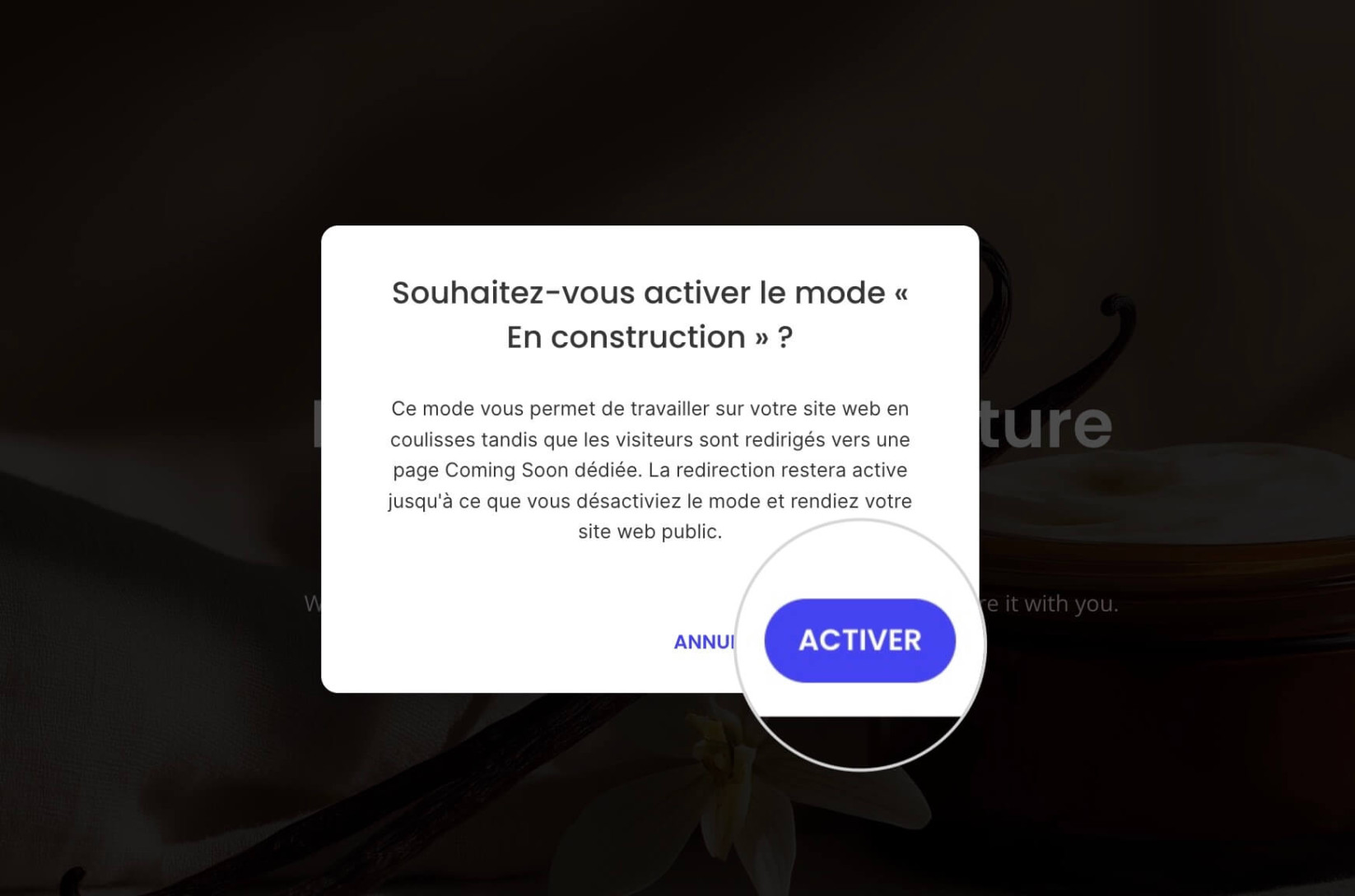 Écran de confirmation pour l'activation du mode Coming Soon