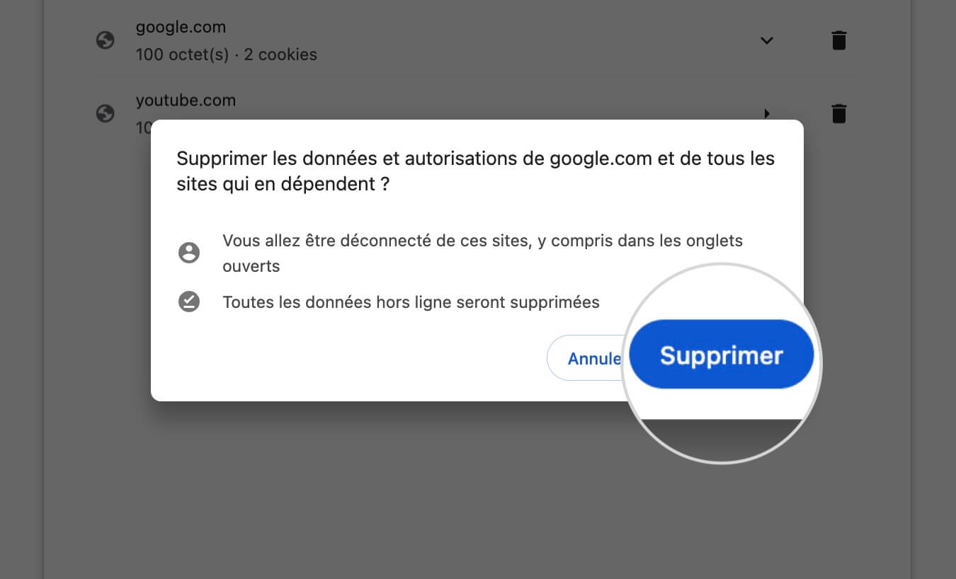 Confirmer la suppression des données de sites dans Chrome