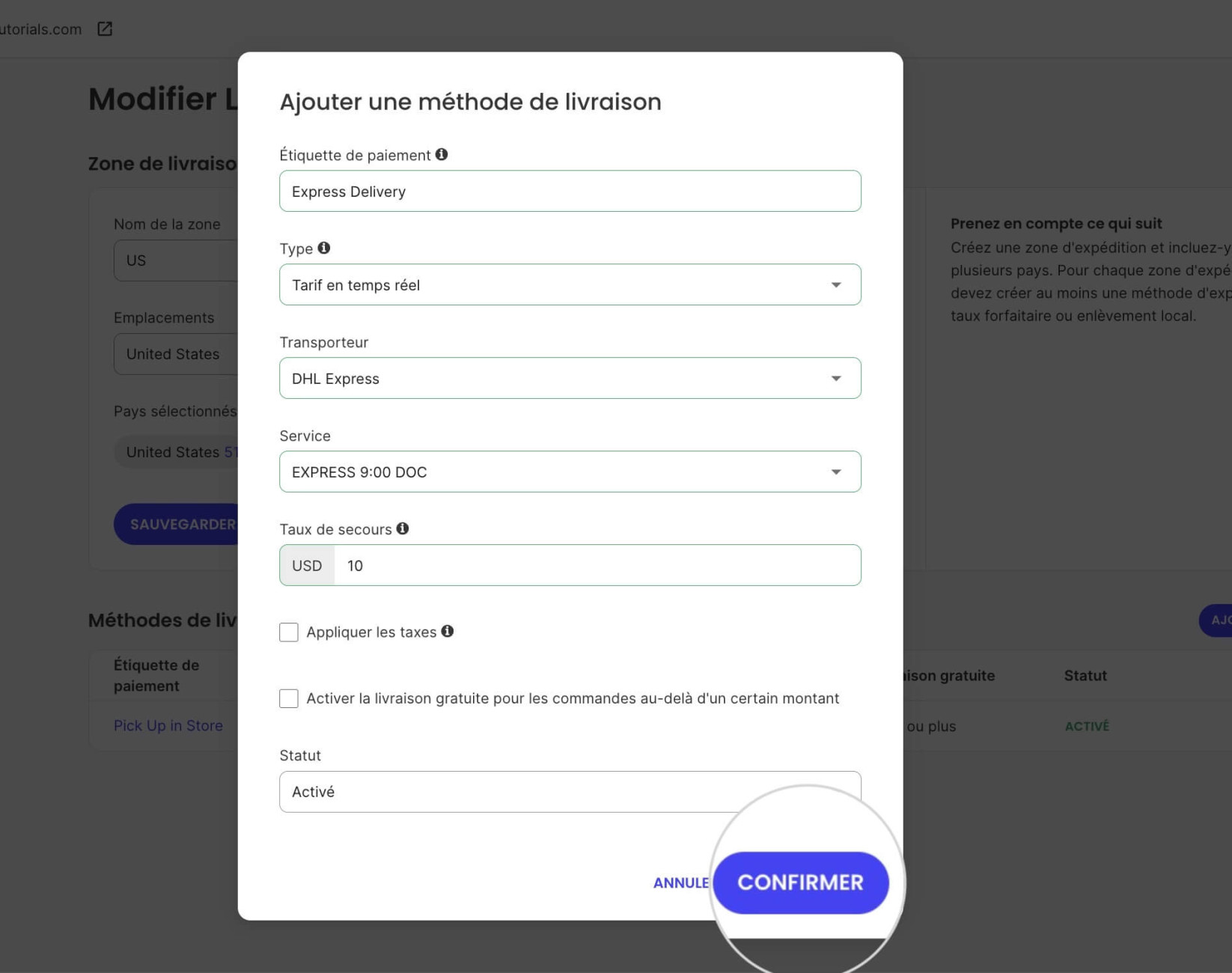 Une fenêtre pop-up pour configurer une méthode d'expédition Tarif en temps réel où le bouton Confirmer est mis en évidence