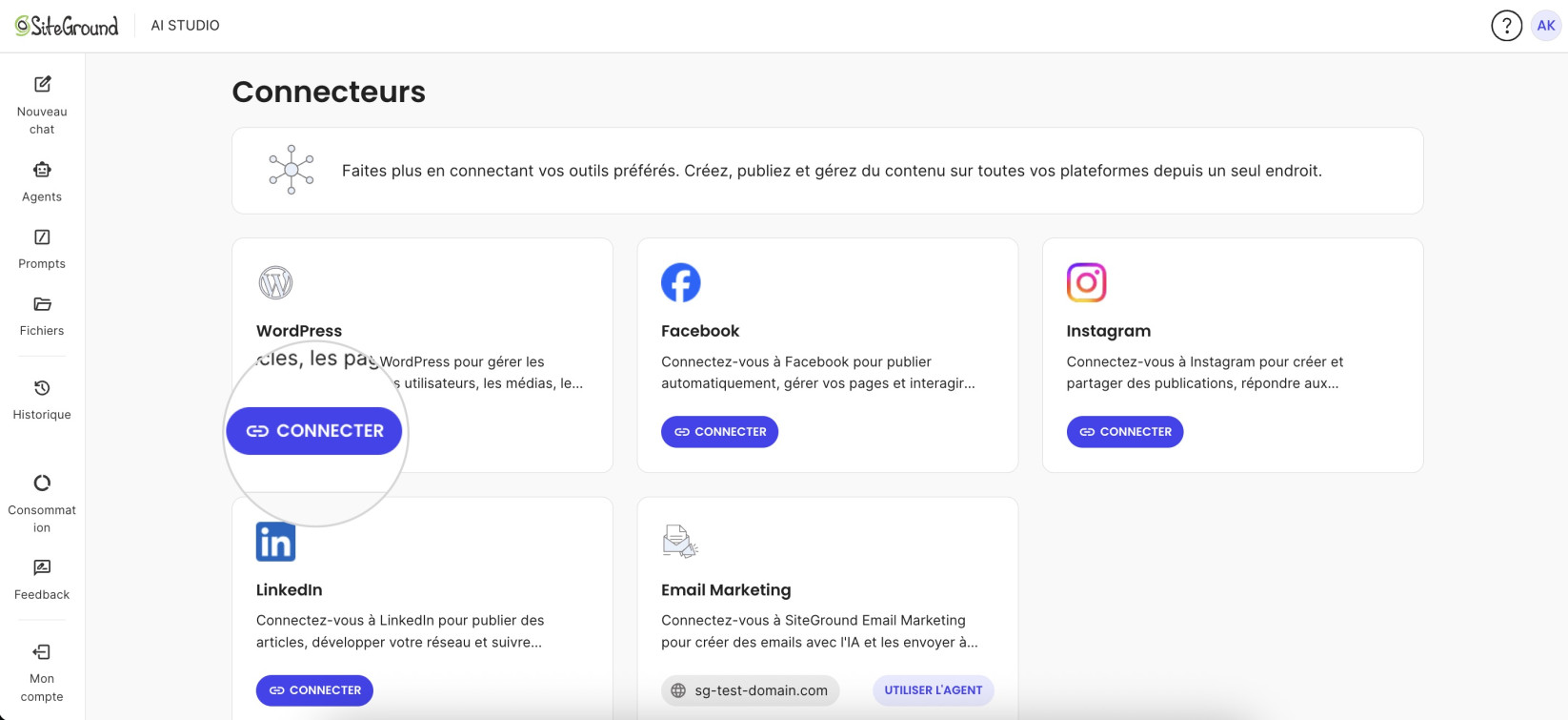 Capture d’écran de la page Connecteurs dans l’interface AI Studio, avec un zoom mettant en évidence le bouton « Connecter » pour l’intégration WordPress.