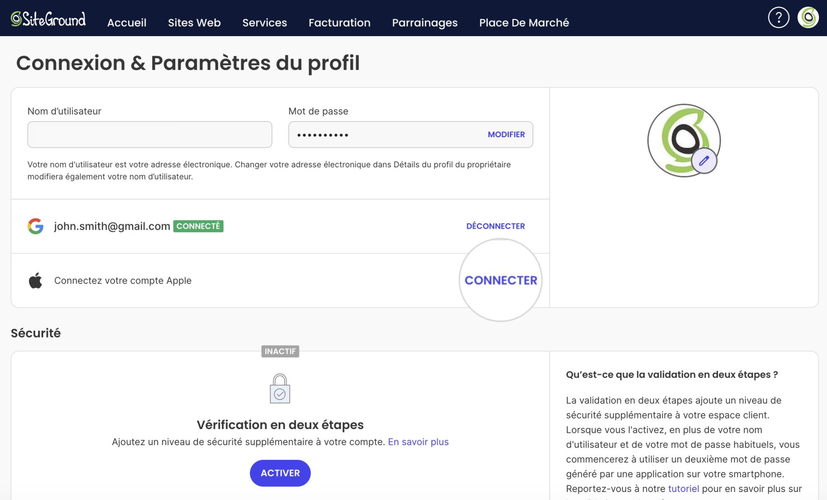 Capture d'écran montrant comment accéder à « Connecter votre compte Apple » et au bouton CONNECTER.