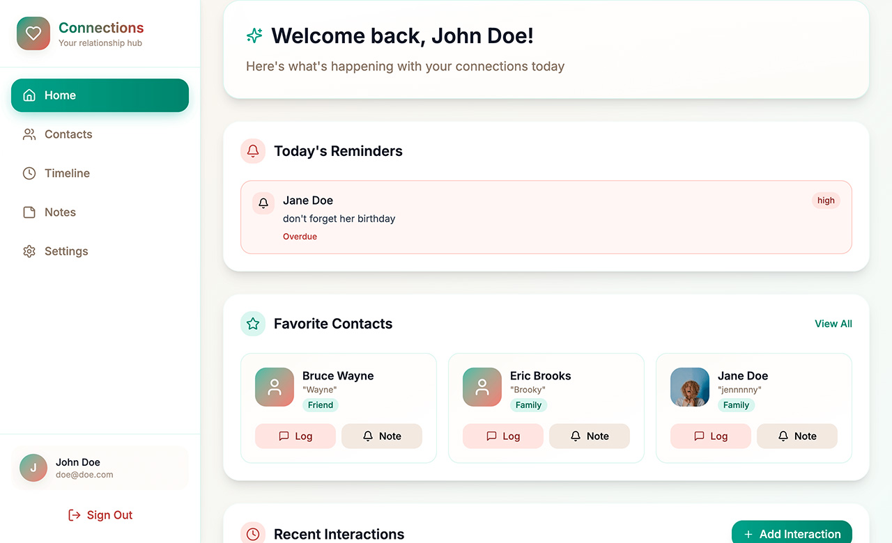 personal connections - relationship dashboard with contacts, interactions, and reminders