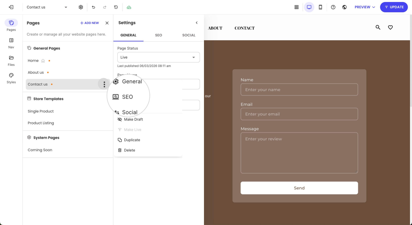Settings menu of the selected Contact Us page in the Pages section in Website Builder
