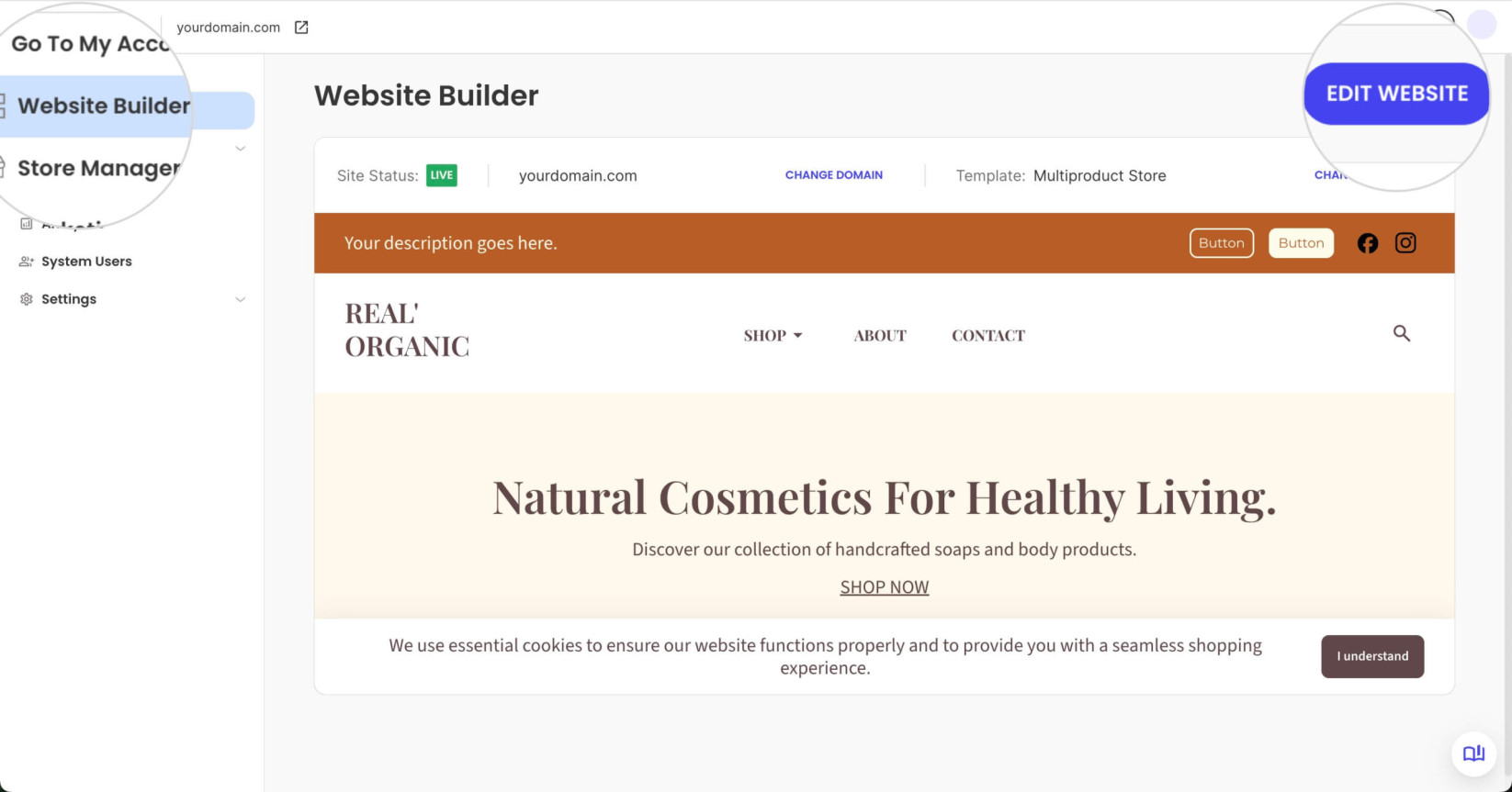 Edit Website button in Site Admin of a Website Builder