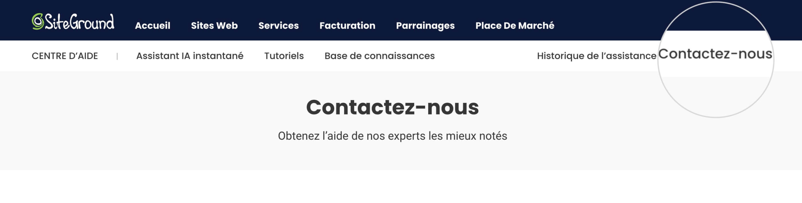 Section « Contactez-nous » dans l’espace client de SiteGround