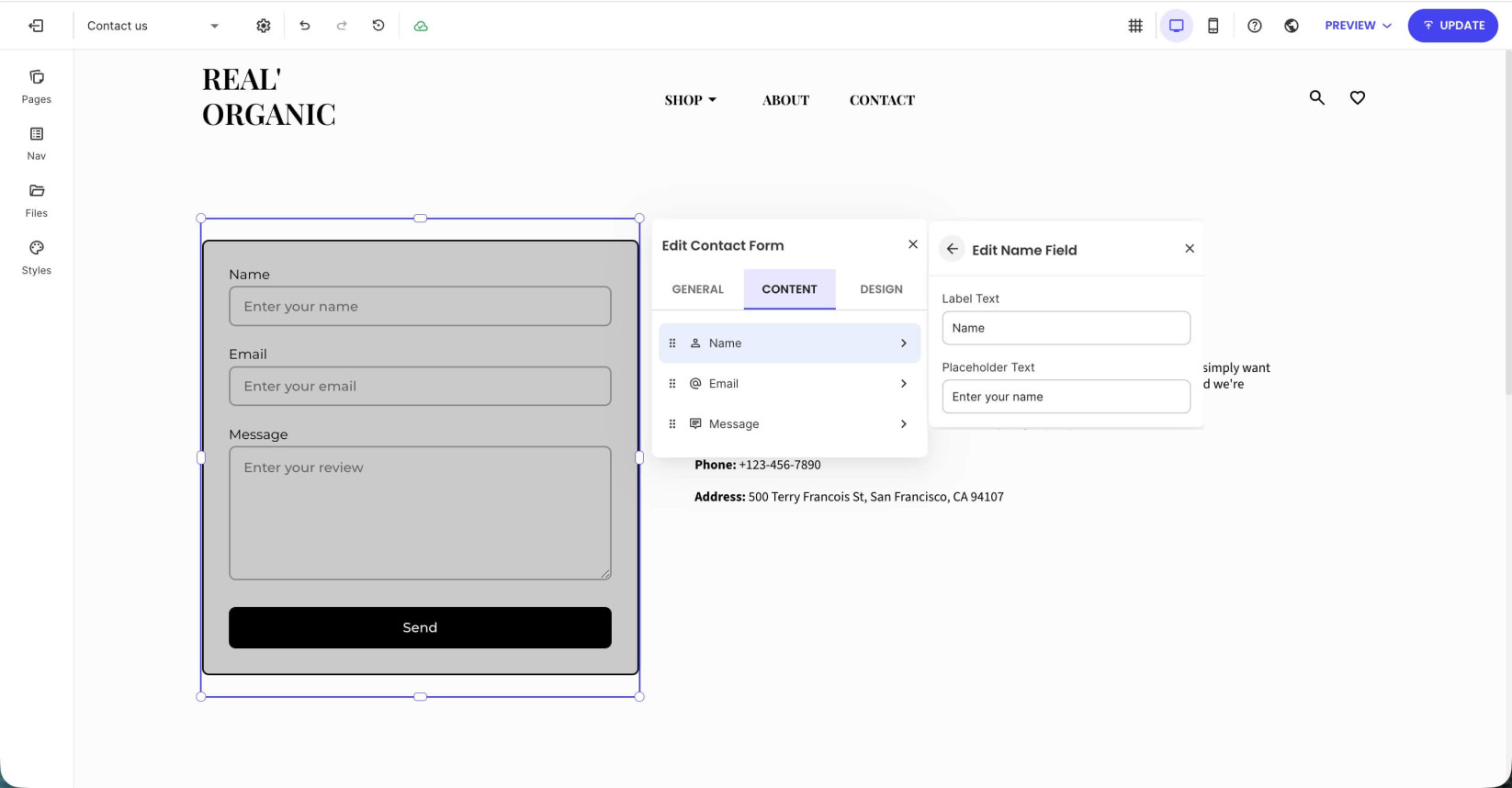Contat form's settings window with an open Content tab where you can modify the form fields
