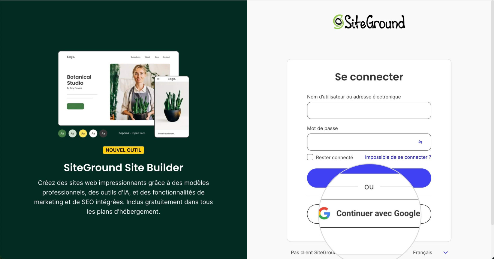 Connexion Google sur la page de connexion SiteGround