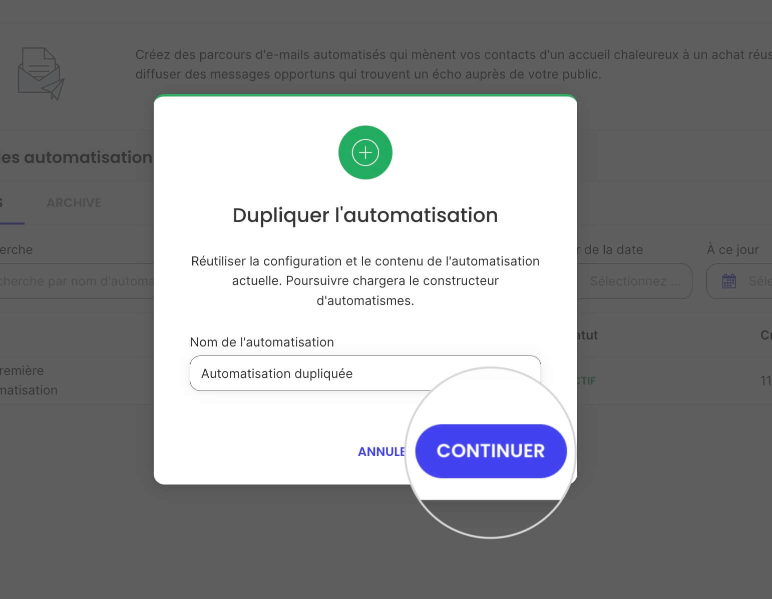 Confirmer la duplication de l’automatisation dans le Marketing par e-mail