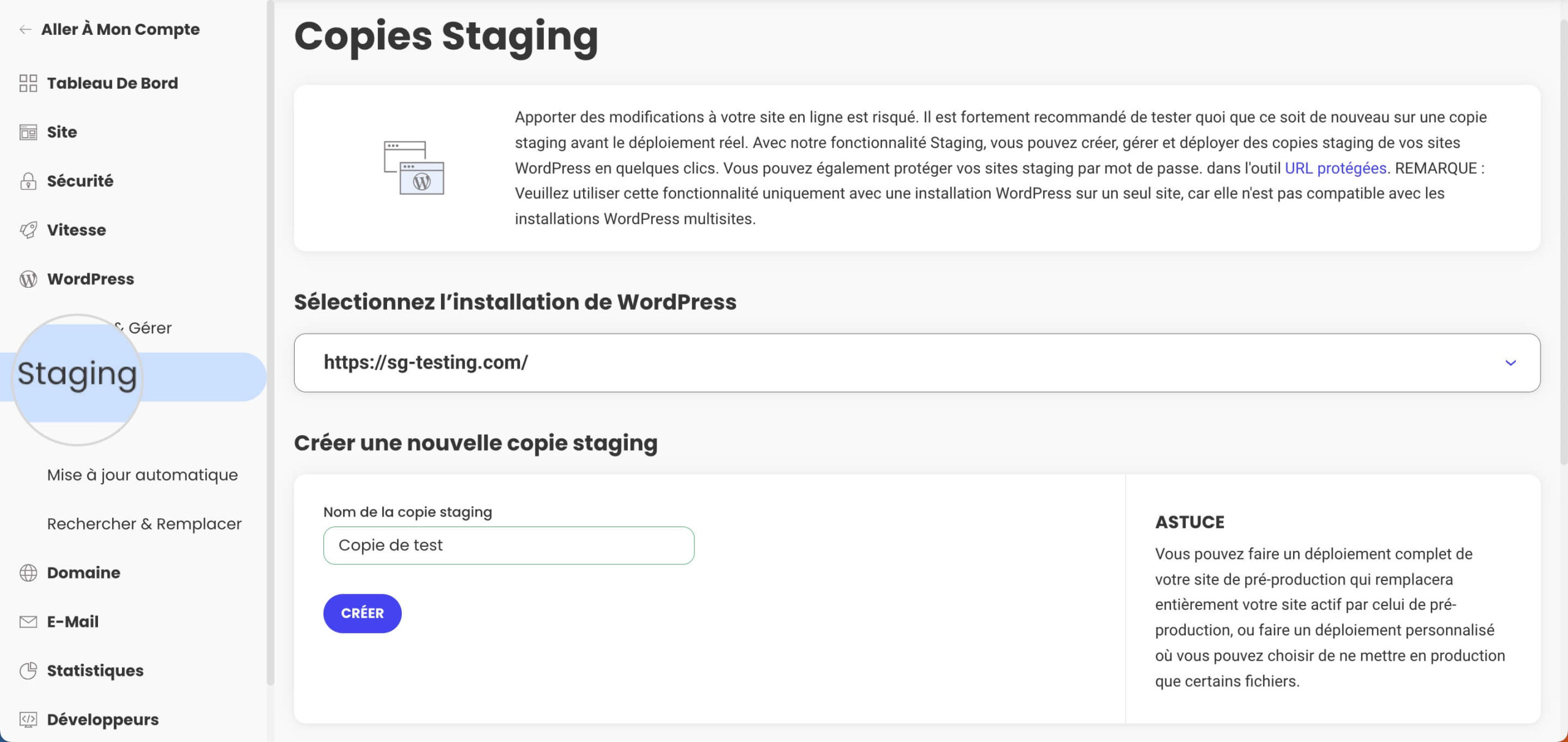 Outil de staging SiteGround pour la création de copies de préproduction permettant de déboguer votre site web