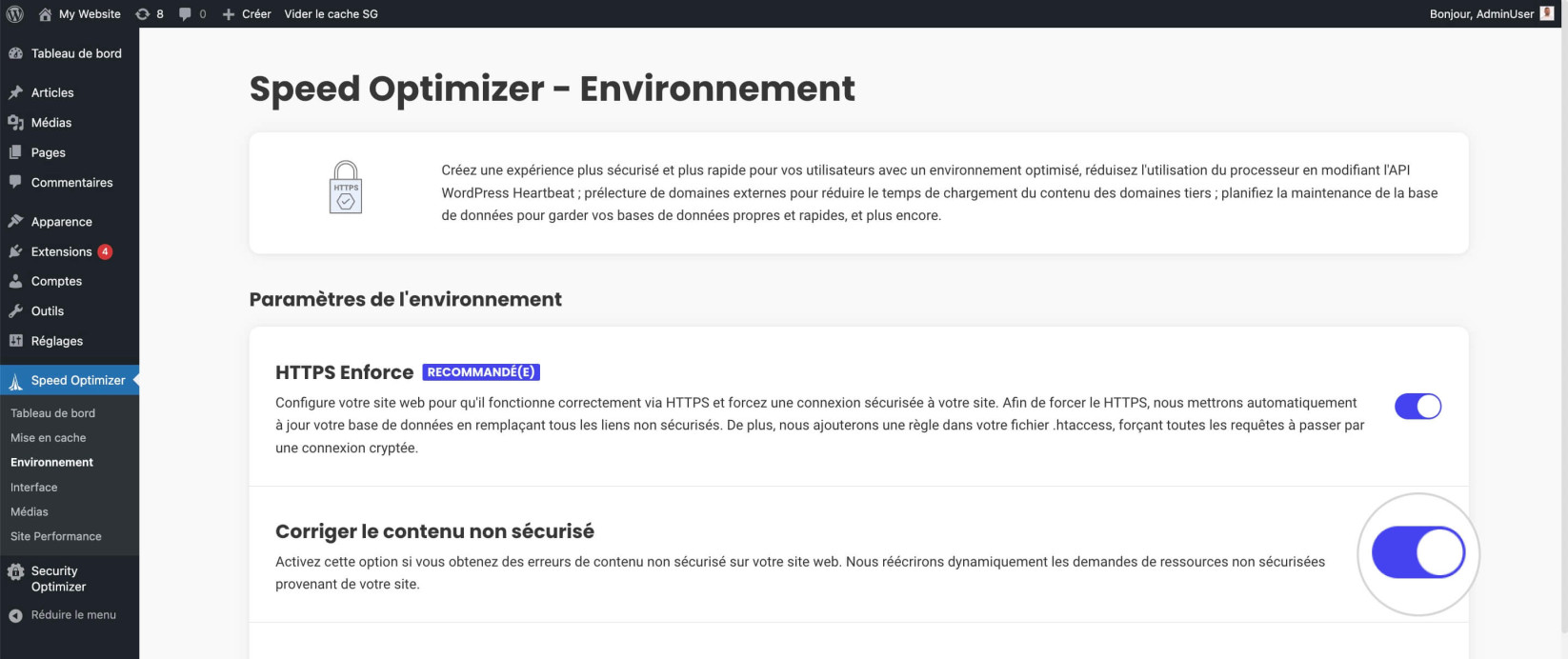 "Corriger le contenu non sécurisé" dans le plugin Speed Optimizer pour WordPress