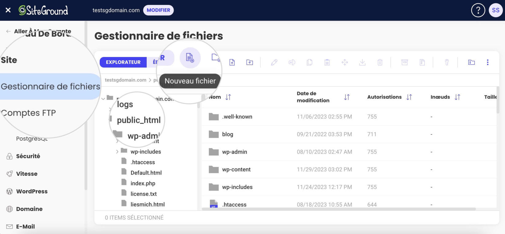 Capture d'écran montrant comment créer un nouveau fichier dans public_html avec le gestionnaire de fichiers